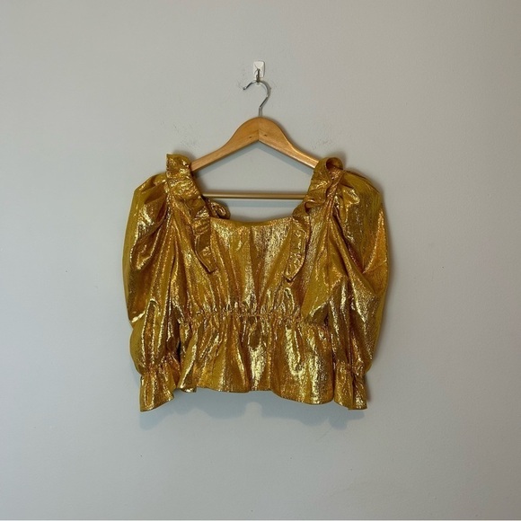 Queen of Sparkles Gold Metallic Puff Sleeve Peplum Top XS - Picture 5 of 5